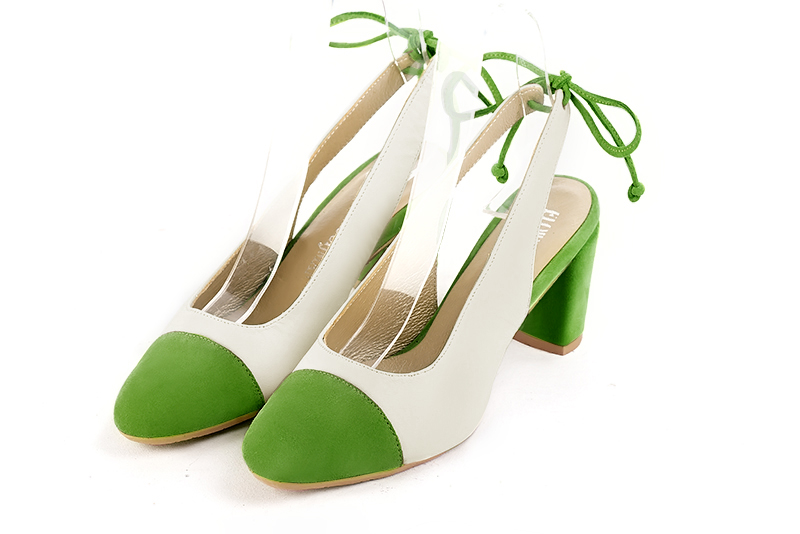 Grass green and off white women's slingback shoes. Round toe. Medium block heels. Front view - Florence KOOIJMAN